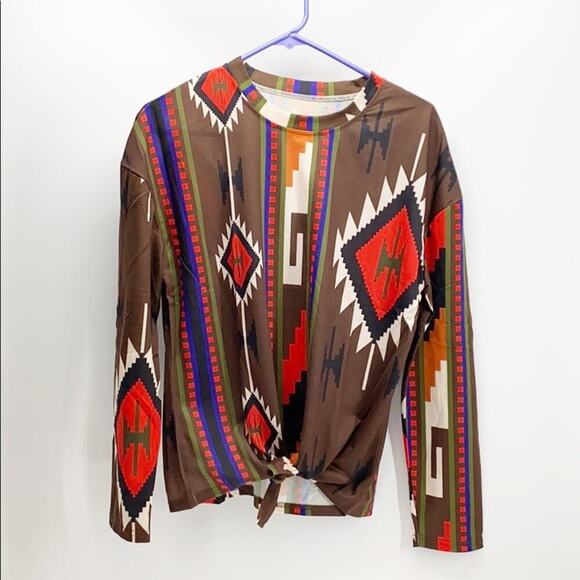 Southwestern Aztec tie front elbow patches top western native sz L - Picture 1 of 8